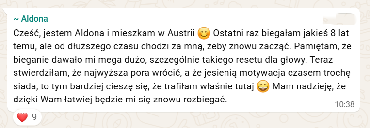 Wiadomość uczestniczki: ostatni raz biegałam 8 lat temu i od dawna chodzi za mną, żeby znowu zacząć