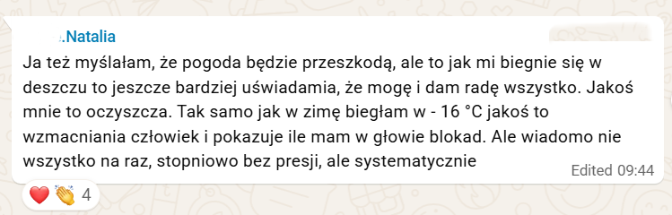 Wiadomość uczestniczki: myślała, że pogoda będzie przeszkodą, a bieganie w deszczu pokazuje jej, że da radę wszystko